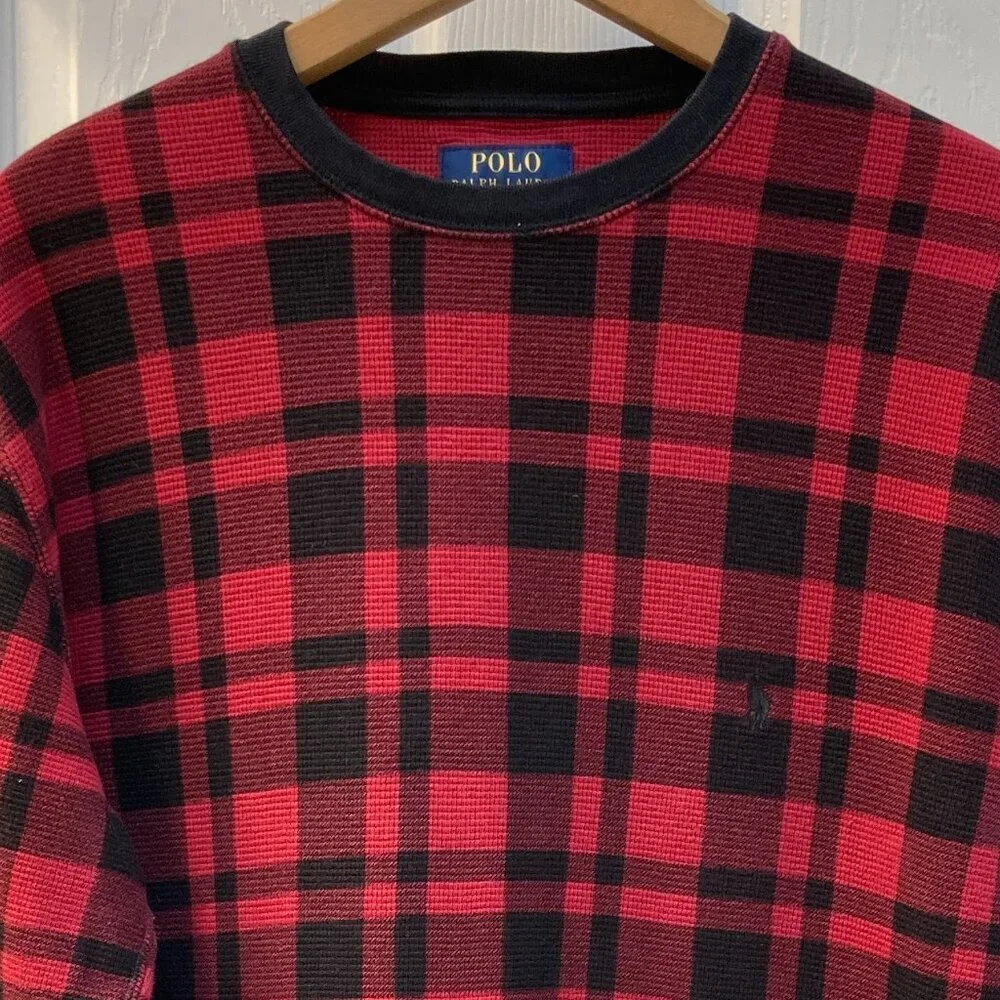 Polo Ralph Lauren Long Sleeve Waffle Knit Thermal Shirt Red Black Plaid Large
